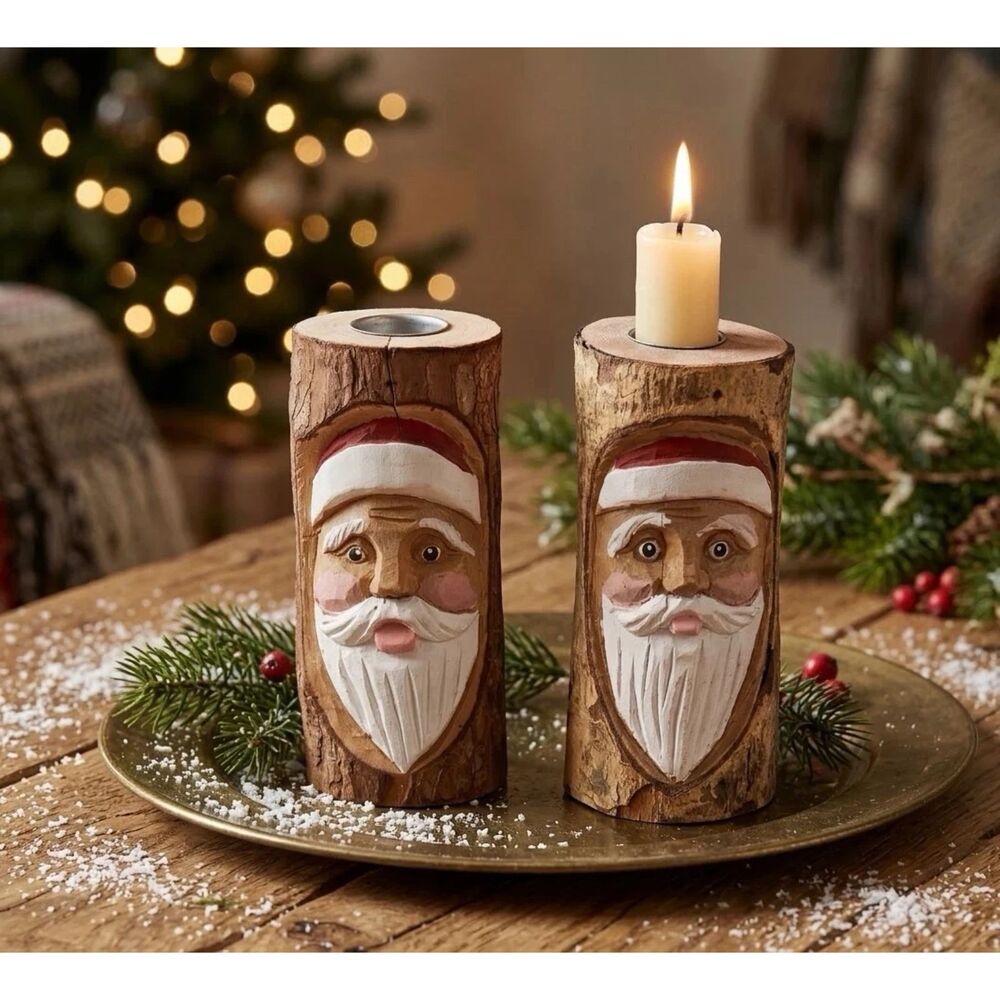 Santa Taper Candle Holder Midwest Hand Carved Wooden Set Rustic Christmas Decor